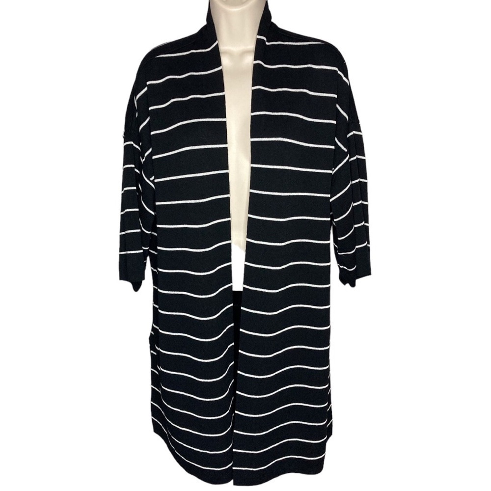 Chico’s | Black and White Striped Longline Cardigan XL